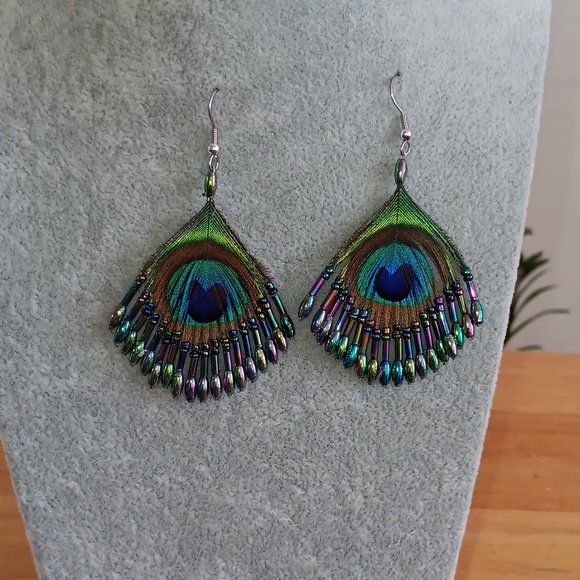 Beaded Peacock Feather Earrings - Picture 3 of 3